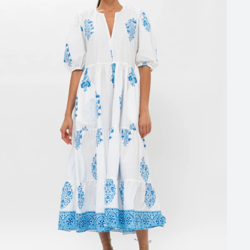Oliphant White Maxi Dress with Blue Floral Print